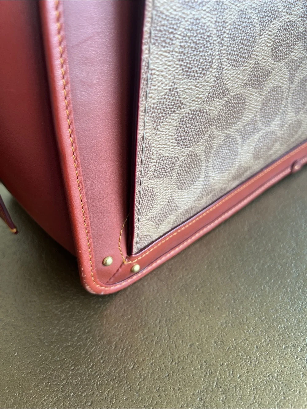 Coach Brown Signature Monogram Satchel with Burgundy Trim